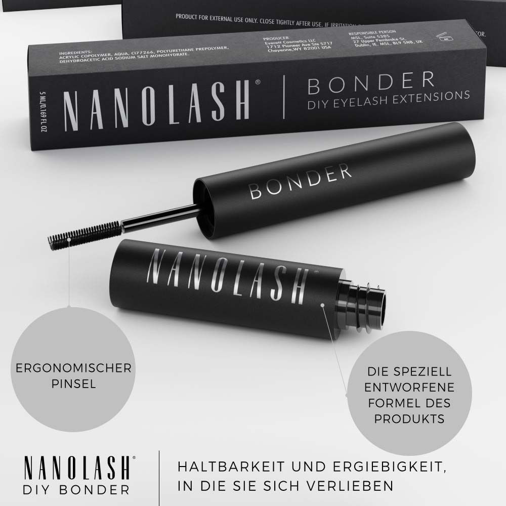 Schwarze Flasche mit Applikator. Aufschrift: BONDER, NANOLASH. Schwarze Verpackung mit Aufschrift: NANOLASH BONDER DIY EYELASH EXTENSIONS.
