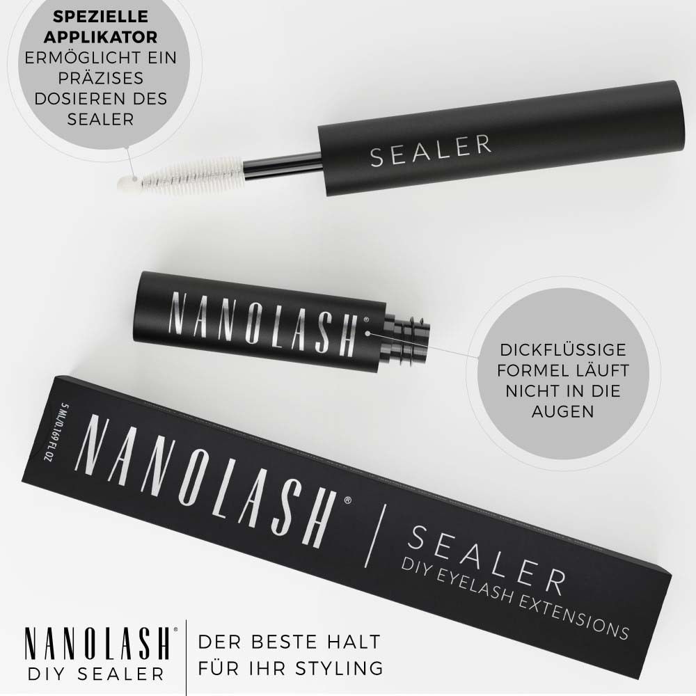 Schwarze Tube und Verpackung mit weißem Text. Applikator mit Bürste. Aufschrift: NANOLASH, SEALER, DIY EYELASH EXTENSIONS.