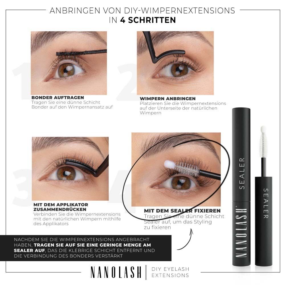Anleitung in 4 Schritten zur Anwendung. Schwarze Tube mit Applikator. Aufschrift: SEALER, DIY EYELASH EXTENSIONS.