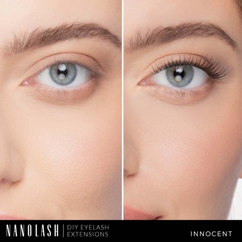 Comparaison avant-après. Un œil sans et un avec extensions de cils NANOLASH. Nom du produit : INNOCENT.