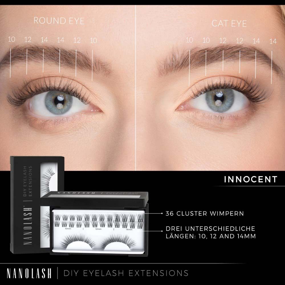 Gros plan sur les yeux avec extensions de cils. Tailles : 10, 12, 14 mm. NANOLASH DIY Extensions de cils. INNOCENT.