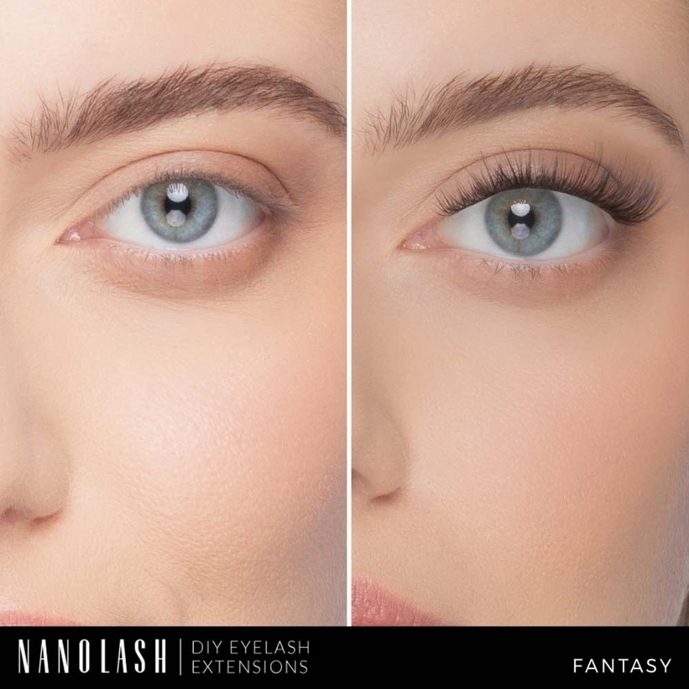 Vorher-Nachher-Vergleich. Ein Auge ohne und eines mit NANOLASH Wimpernverlängerung. Deutlicher Unterschied in der Länge und Fülle.