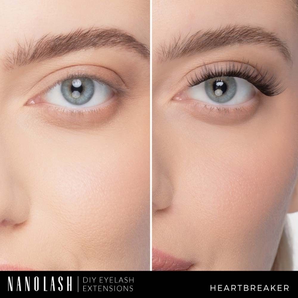 Vorher-Nachher-Vergleich. Linkes Auge ohne Wimpernverlängerung, rechtes Auge mit. NANOLASH-Logo und Produktname HEARTBREAKER.