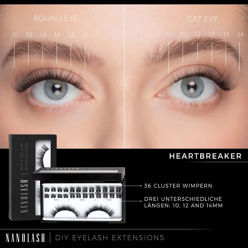 Produktverpackung mit Wimpern und Zubehör. 36 Cluster-Wimpern. Drei Längen: 10, 12 und 14mm. NANOLASH-Logo und HEARTBREAKER.