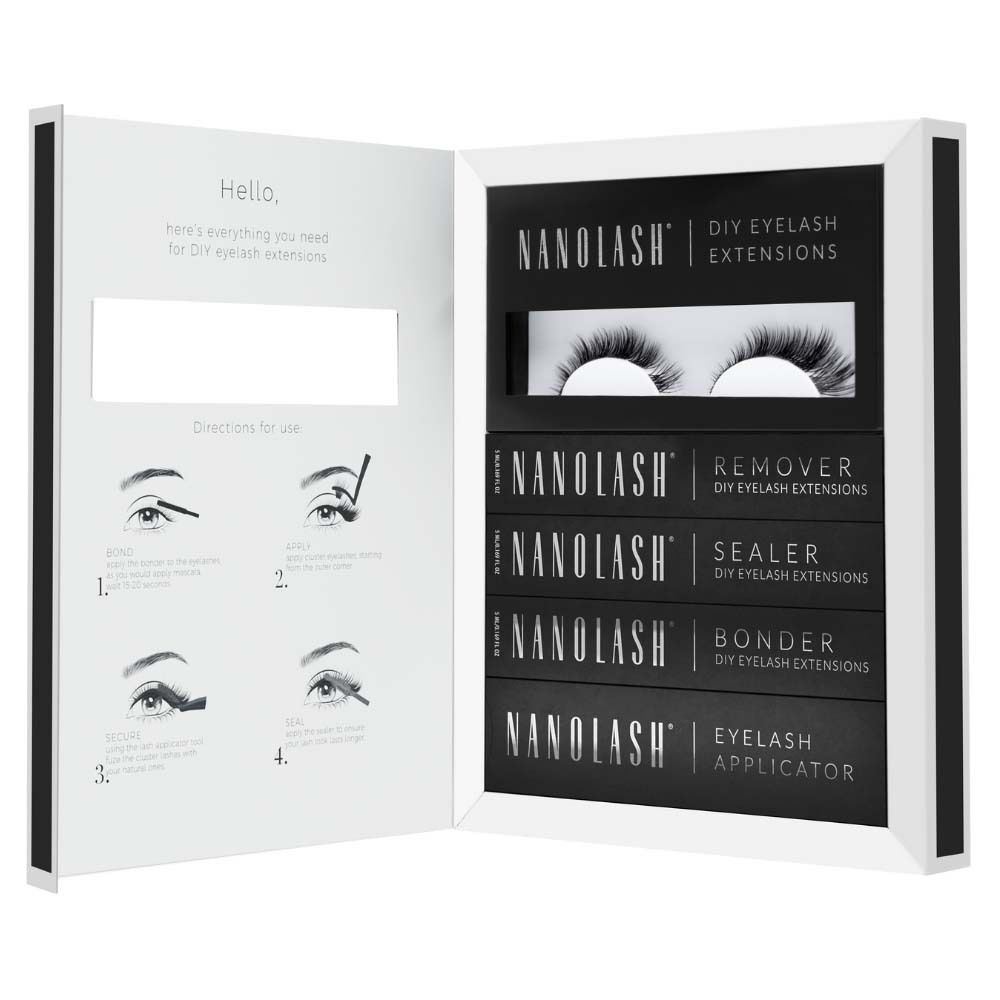 NANOLASH Etui Harmonie. Offene Verpackung mit Wimpern, Kleber, Entferner, Versiegler und Applikator. Anleitungen auf der Innenseite.