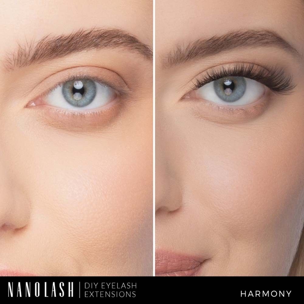Gesicht einer Frau. Links: ungeschminktes Auge. Rechts: Auge mit Wimpernverlängerung. Text: NANOLASH DIY EYELASH EXTENSIONS HARMONY.