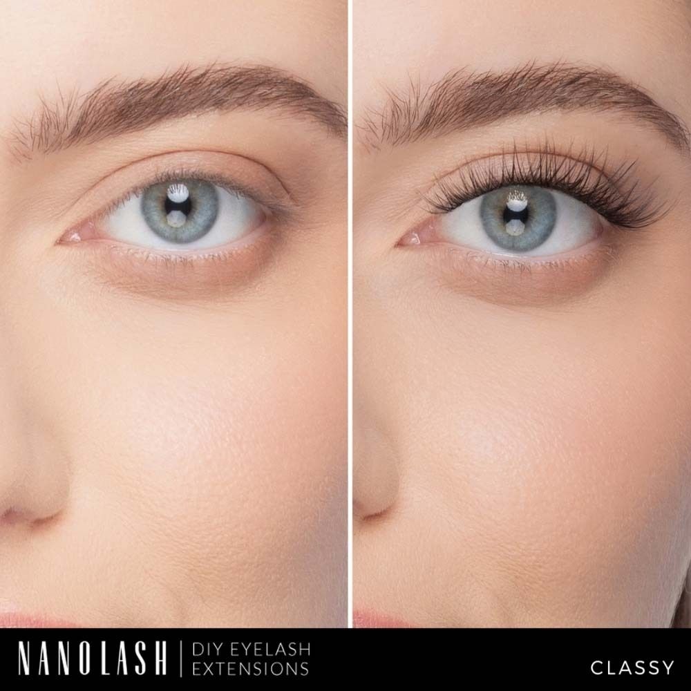 Nahaufnahme eines Auges vor und nach dem Auftragen von Wimpernverlängerungen. Marke NANOLASH, DIY EYELASH EXTENSIONS, CLASSY.