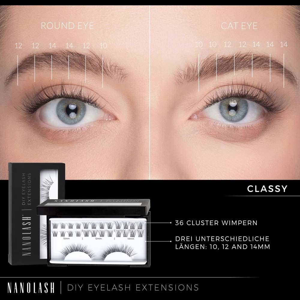 Nahaufnahme von Augen mit Wimpernverlängerungen. Produktverpackung mit 36 Cluster-Wimpern. Marke NANOLASH, DIY EYELASH EXTENSIONS, CLASSY.
