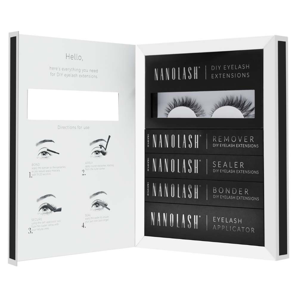 NANOLASH Etui mit Charme. Enthält Wimpern, Remover, Sealer, Bonder und Applikator. Anleitungen auf der Innenseite.