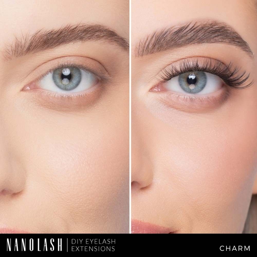 Vorher-Nachher-Vergleich: Ein Auge ohne und mit NANOLASH Wimpernverlängerung. Produktname: CHARM.