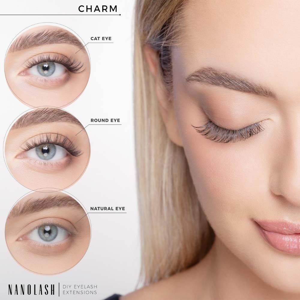 Drei Augenformen mit NANOLASH Wimpernverlängerungen: Cat Eye, Round Eye, Natural Eye. Produktname: CHARM.