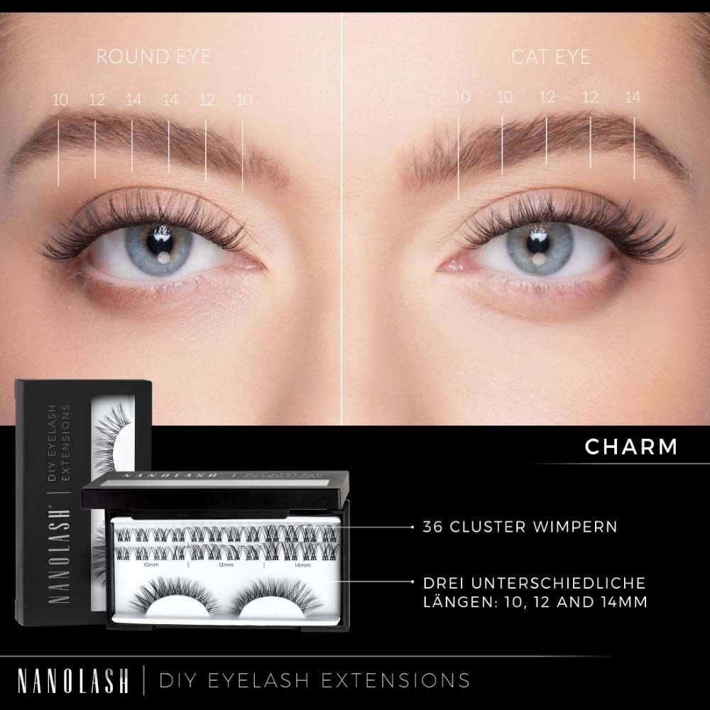 NANOLASH Etui mit Charme. Enthält 36 Cluster-Wimpern in 3 Längen. Produktname: CHARM.