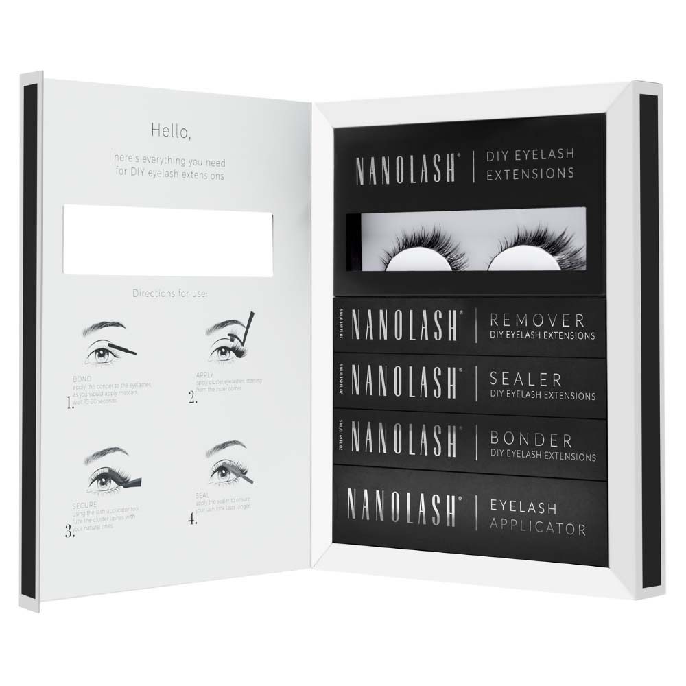 NANOLASH Divine Etui. Contient cils, démaquillant, scellant, liant et applicateur. Emballage noir avec intérieur blanc.