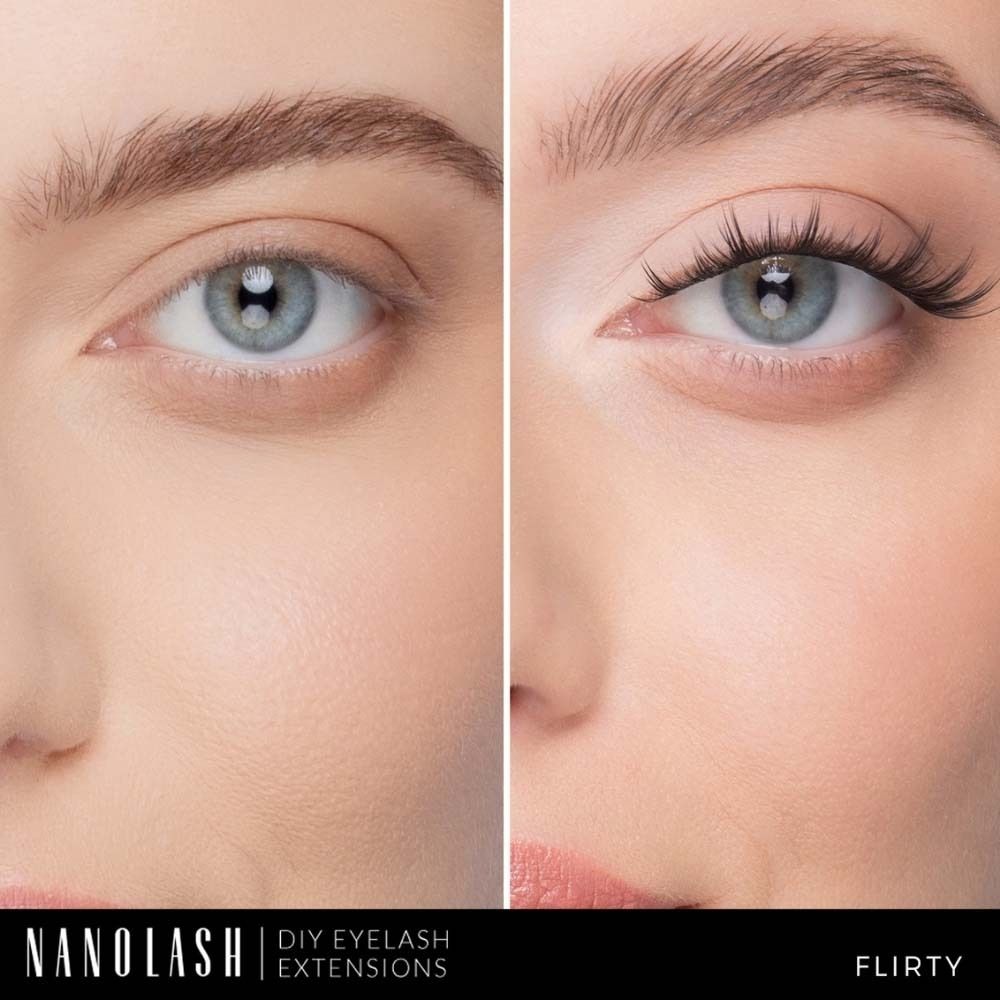 Vorher-Nachher-Vergleich. Ein Auge ohne Wimpernverlängerung, das andere mit. Produktname NANOLASH und DIY EYELASH EXTENSIONS.