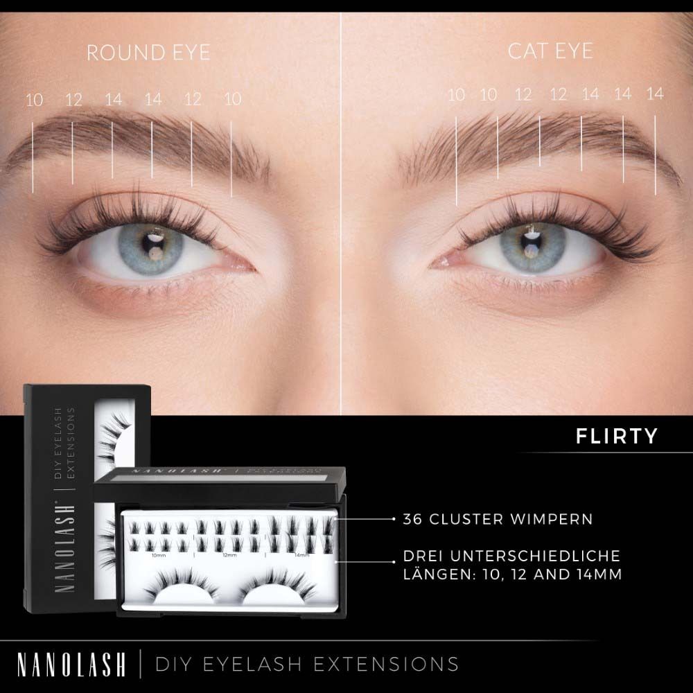 Nahaufnahme von Augen mit Wimpernverlängerungen. Verschiedene Längen und Formen. Produktname NANOLASH und DIY EYELASH EXTENSIONS.