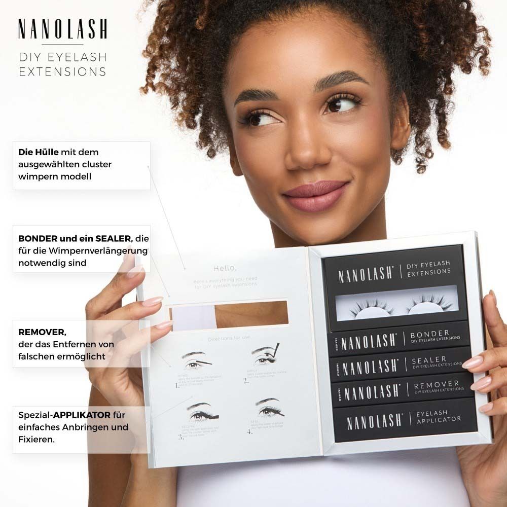 Frau hält offenes NANOLASH Flirty Etui. Enthält Wimpern, Bonder, Sealer, Remover und Applikator. Produktname und DIY EYELASH EXTENSIONS.