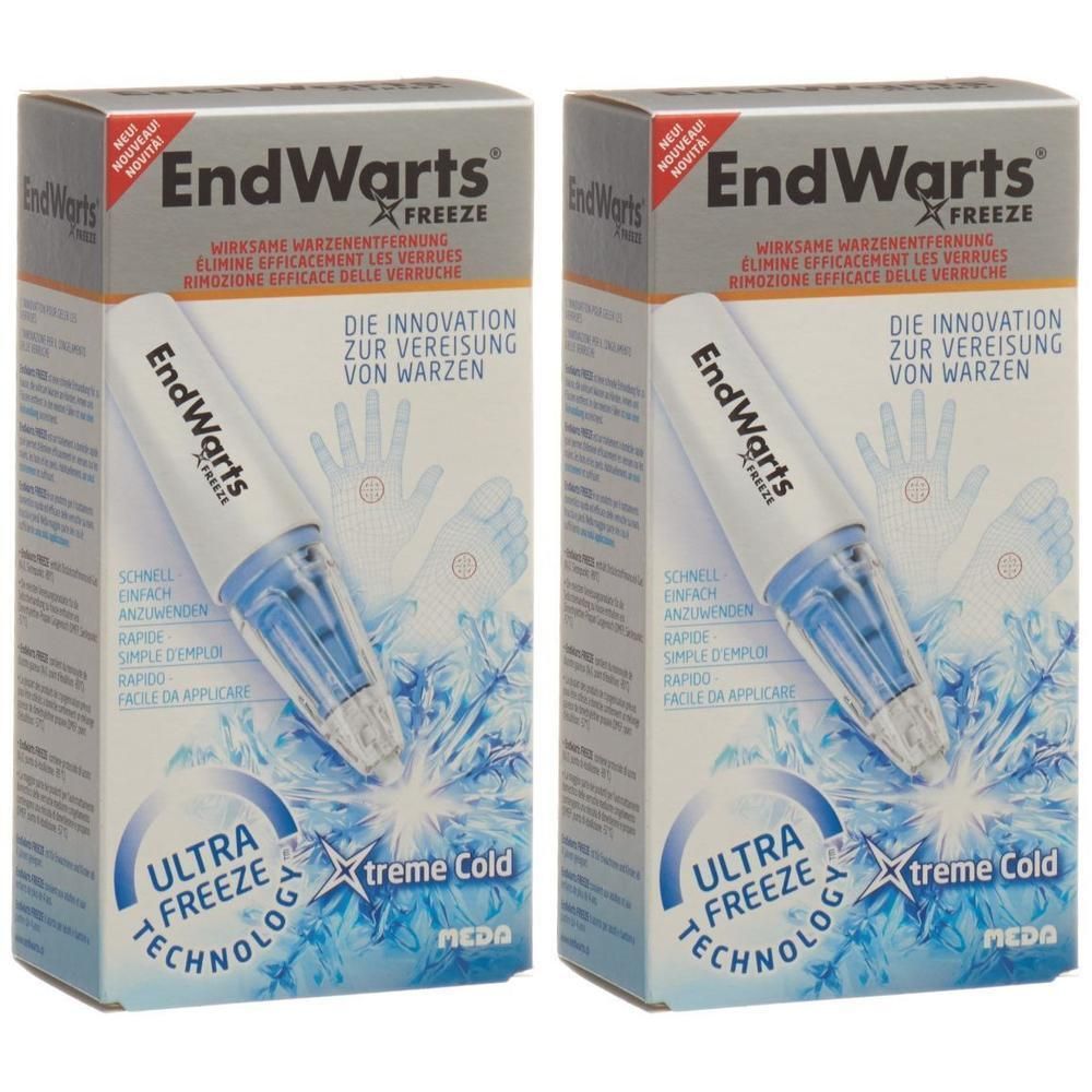 Deux boîtes EndWarts FREEZE. Boîtes grises avec image du produit et texte. Contient un applicateur.