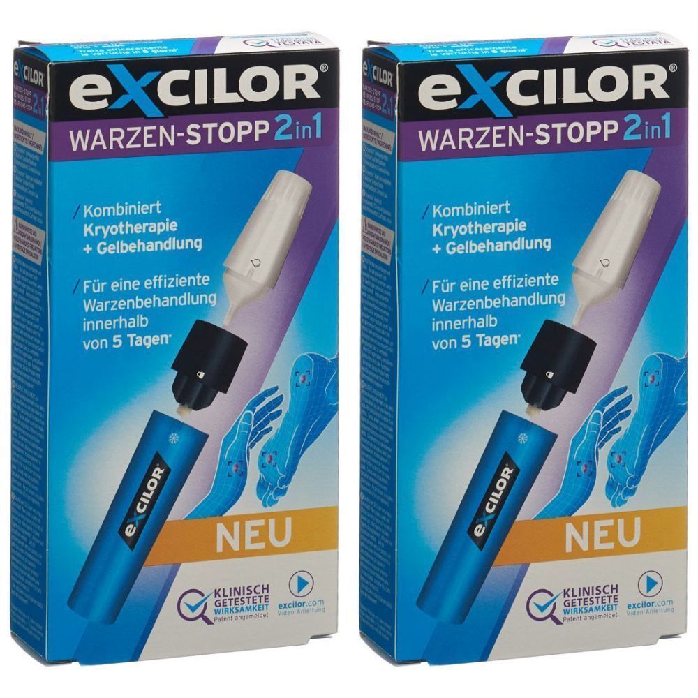 Verpackung von EXCILOR® Anti-Warzen 2 in 1. Enthält einen Applikator und eine blaue Flasche. Text: WARZEN-STOPP 2in1, NEU, klinisch getestet.