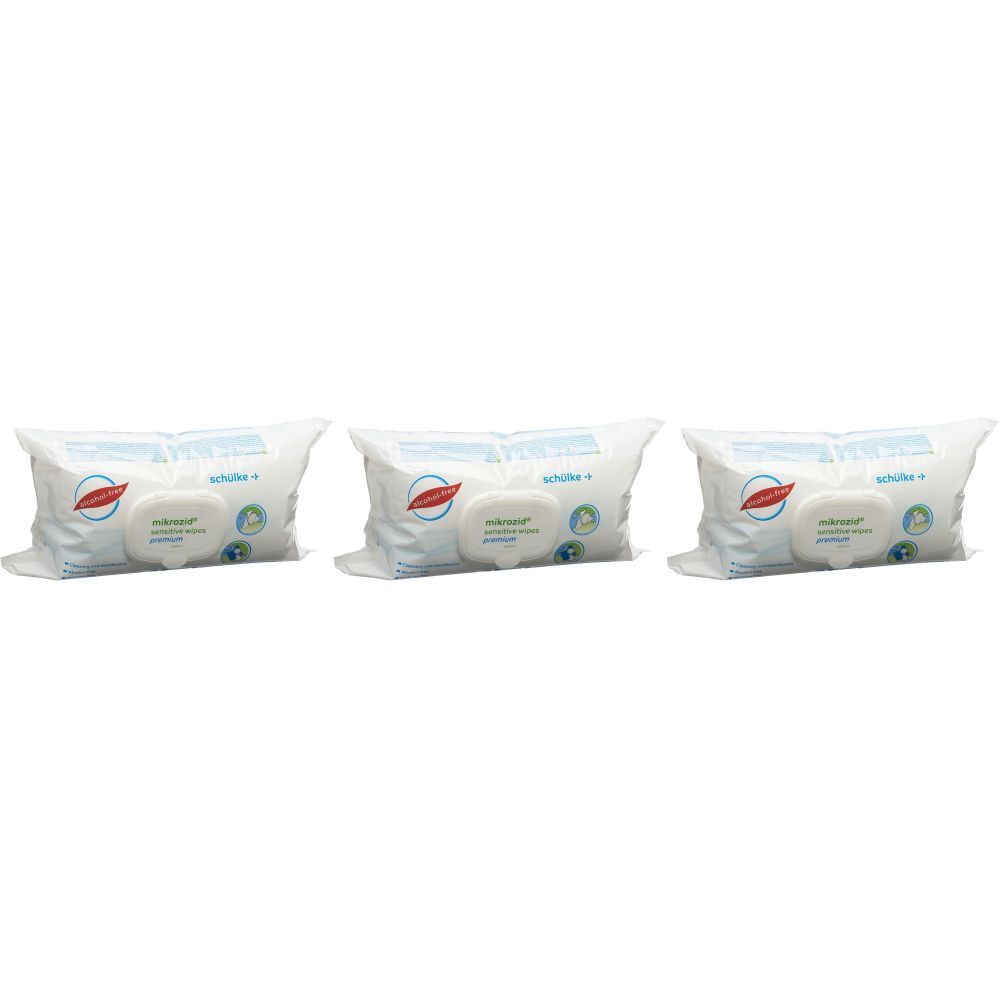 Drei Packungen MIKROZID® Lingetten Sensitives premium. Weiße Verpackung mit blauem Text und rotem Logo. Einzelne Tücher sichtbar.