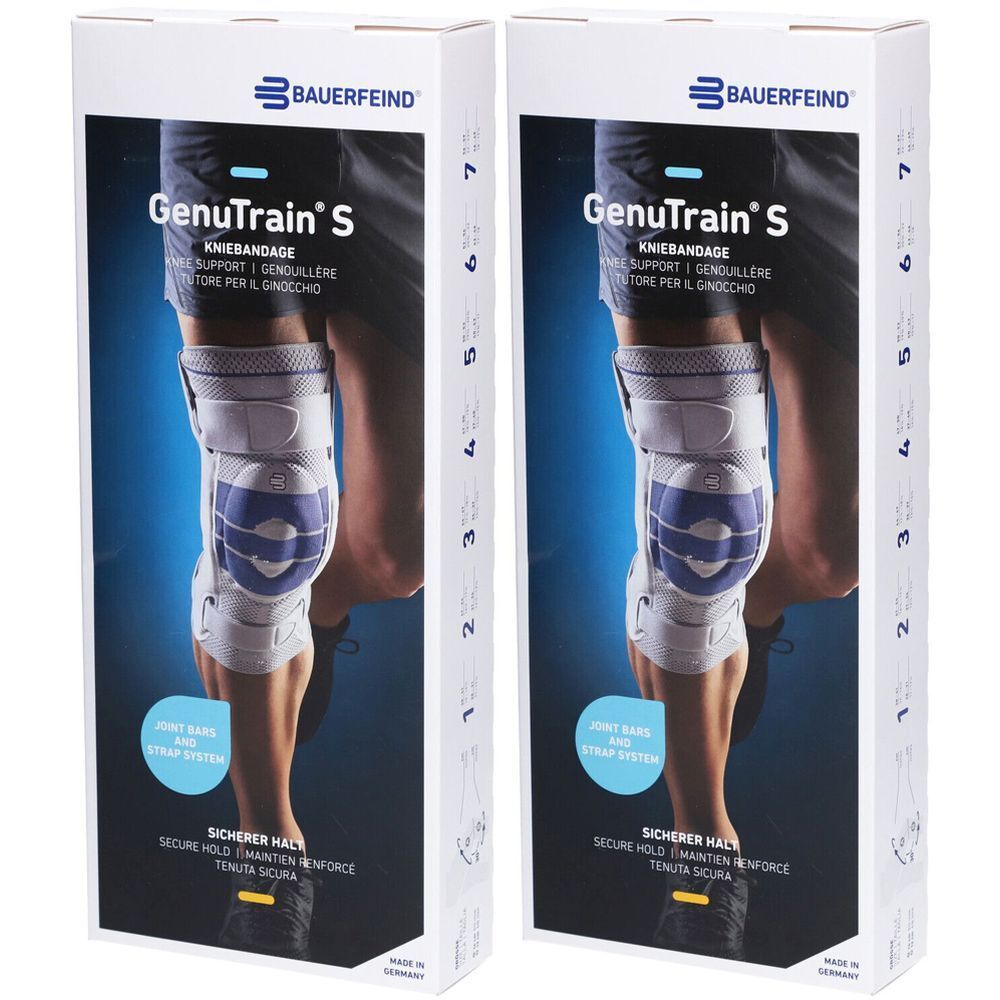 BAUERFEIND® GenuTrain S Aktive Kniebandage mit seitlichen Gelenkstabilisatoren Gr. 5 Rechts Titan