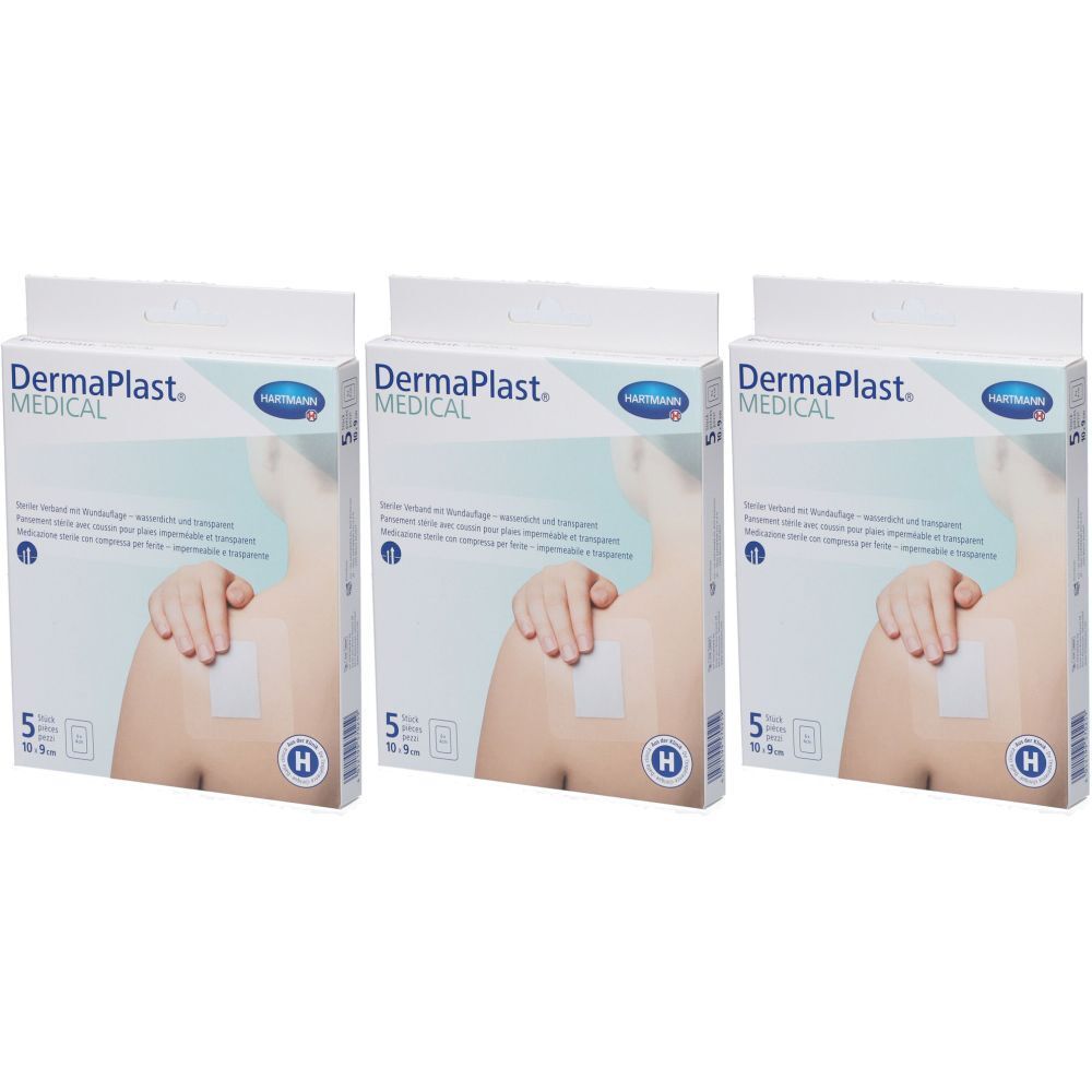 Drei Packungen Dermaplast Medical Transparentpflaster. Auf jeder Packung ist ein Pflaster auf einer Schulter abgebildet.