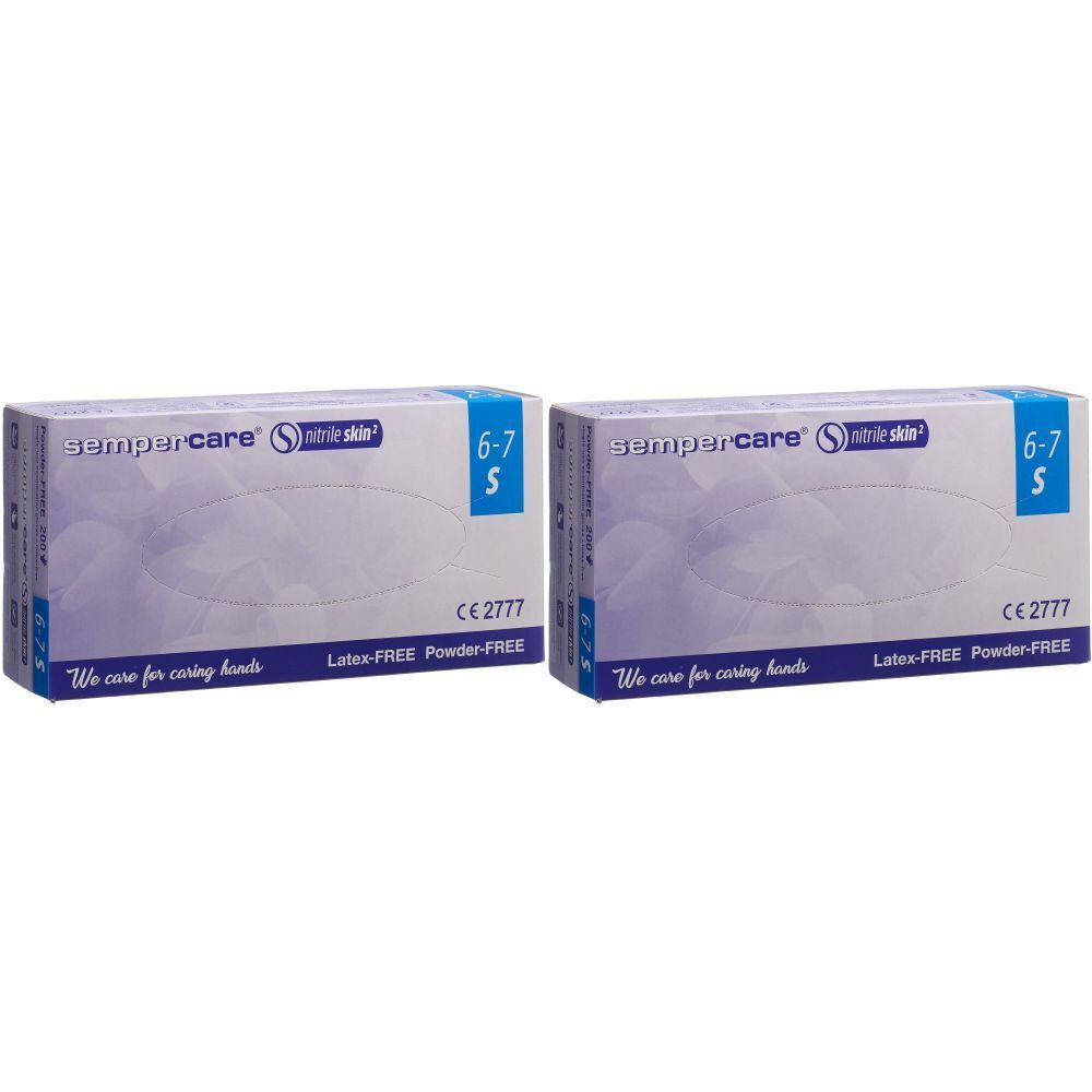 Zwei Kartons mit Handschuhen. Aufschrift: sempercare, Größe 6-7 S, Latex-FREE, Powder-FREE. CE 2777.