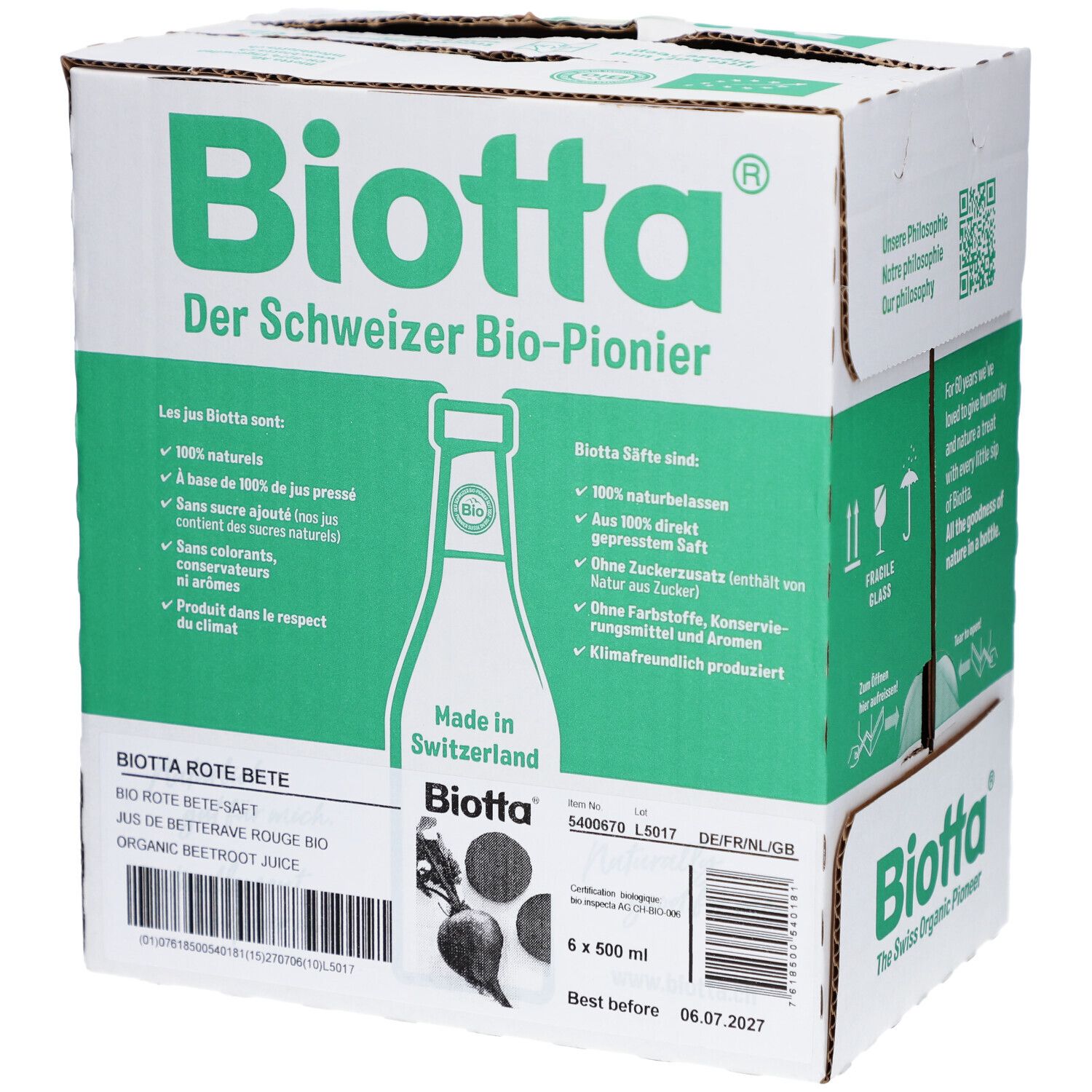 Karton mit Biotta-Logo und Produktinformationen. Enthält 6 Flaschen Rote Bete Saft. Hergestellt in der Schweiz.