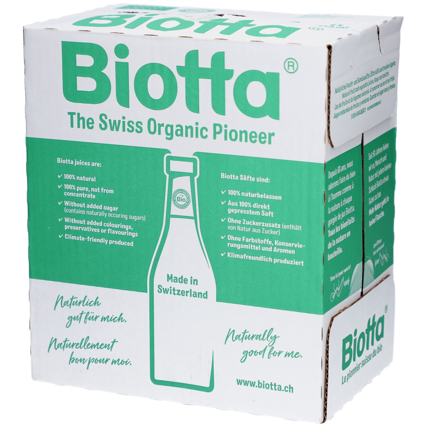 Karton mit Biotta-Logo und Text. Enthält Informationen über natürliche Frucht- und Gemüsesäfte. Hergestellt in der Schweiz.
