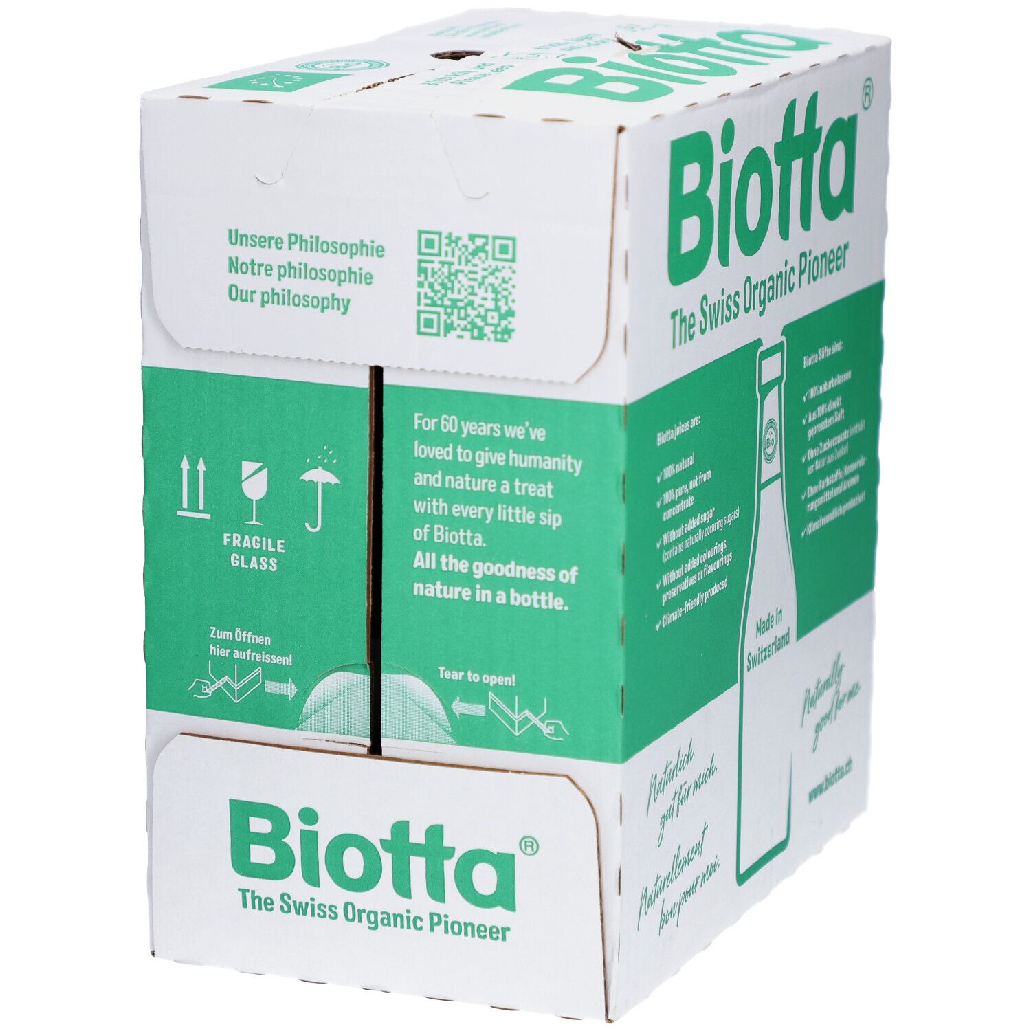 Karton mit Biotta-Logo und Text. Enthält Informationen über natürliche Frucht- und Gemüsesäfte. Hergestellt in der Schweiz.