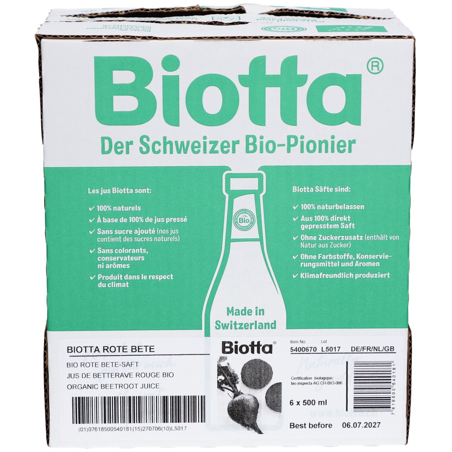 Karton mit Biotta-Logo und Produktinformationen. Enthält 6 Flaschen Rote Bete Saft. Hergestellt in der Schweiz.