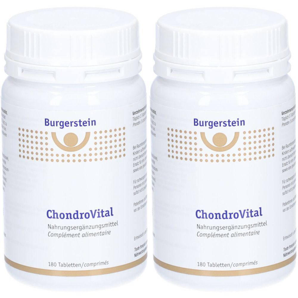 Zwei weiße Flaschen mit Schraubverschluss. Auf jeder Flasche steht "Burgerstein ChondroVital Nahrungsergänzungsmittel". Jede Flasche enthält 180 Tabletten.