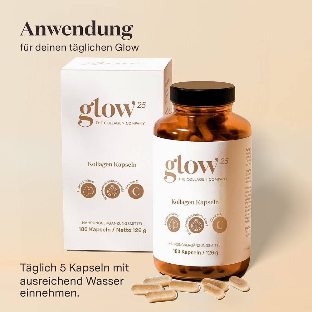 Braune Glasflasche mit Etikett 'Glow 25 Kollagen Kapseln' und Icons für Hyaluronsäure, Granatapfel, Vitamin C.