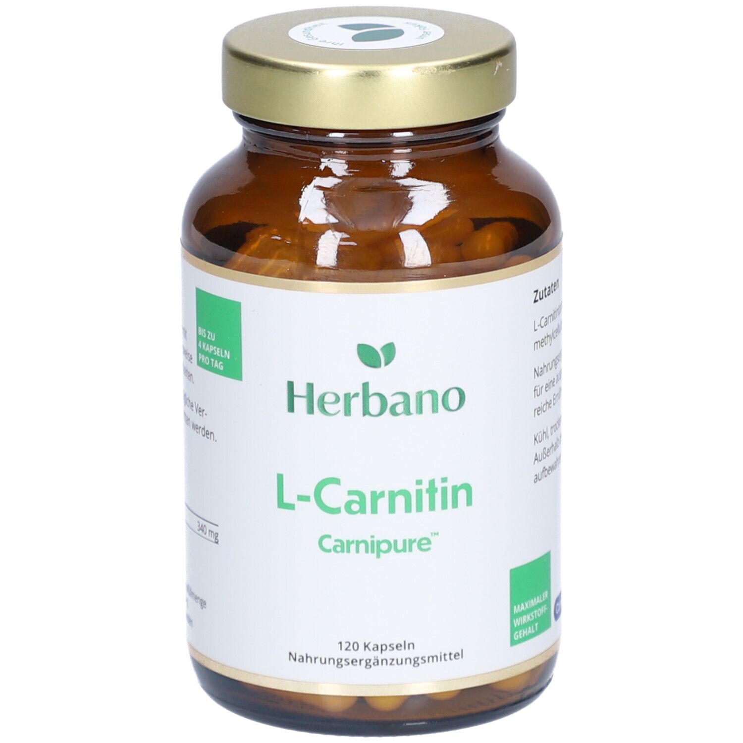 Braune Glasflasche mit goldfarbenem Deckel. Etikett mit "Herbano L-Carnitin Carnipure". 120 Kapseln. Nahrungsergänzungsmittel.