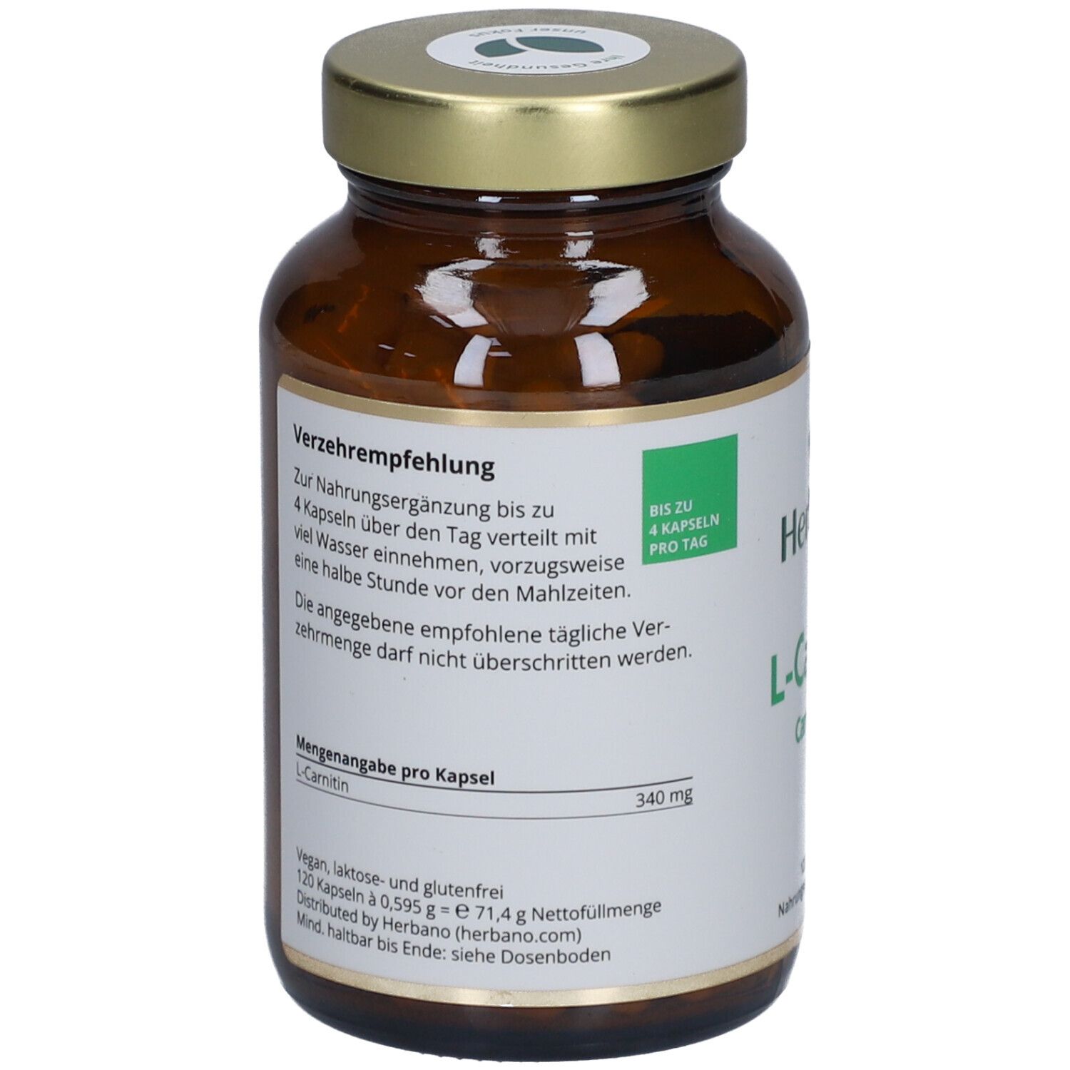 Rückseite der braunen Glasflasche. Etikett mit Verzehrempfehlung und Inhaltsangaben. "Herbano L-Carnitin Carnipure".