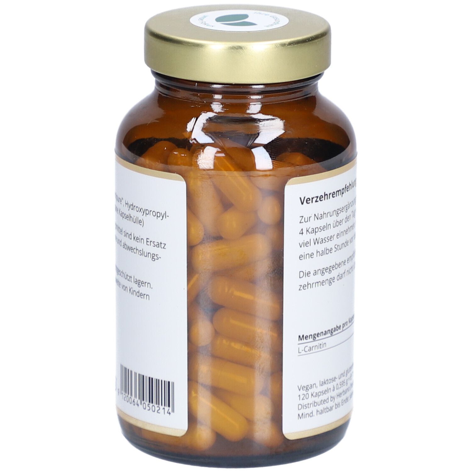 Braune Glasflasche mit goldfarbenem Deckel. Sicht auf gelbe Kapseln. Etikett mit Barcode und Inhaltsangaben.