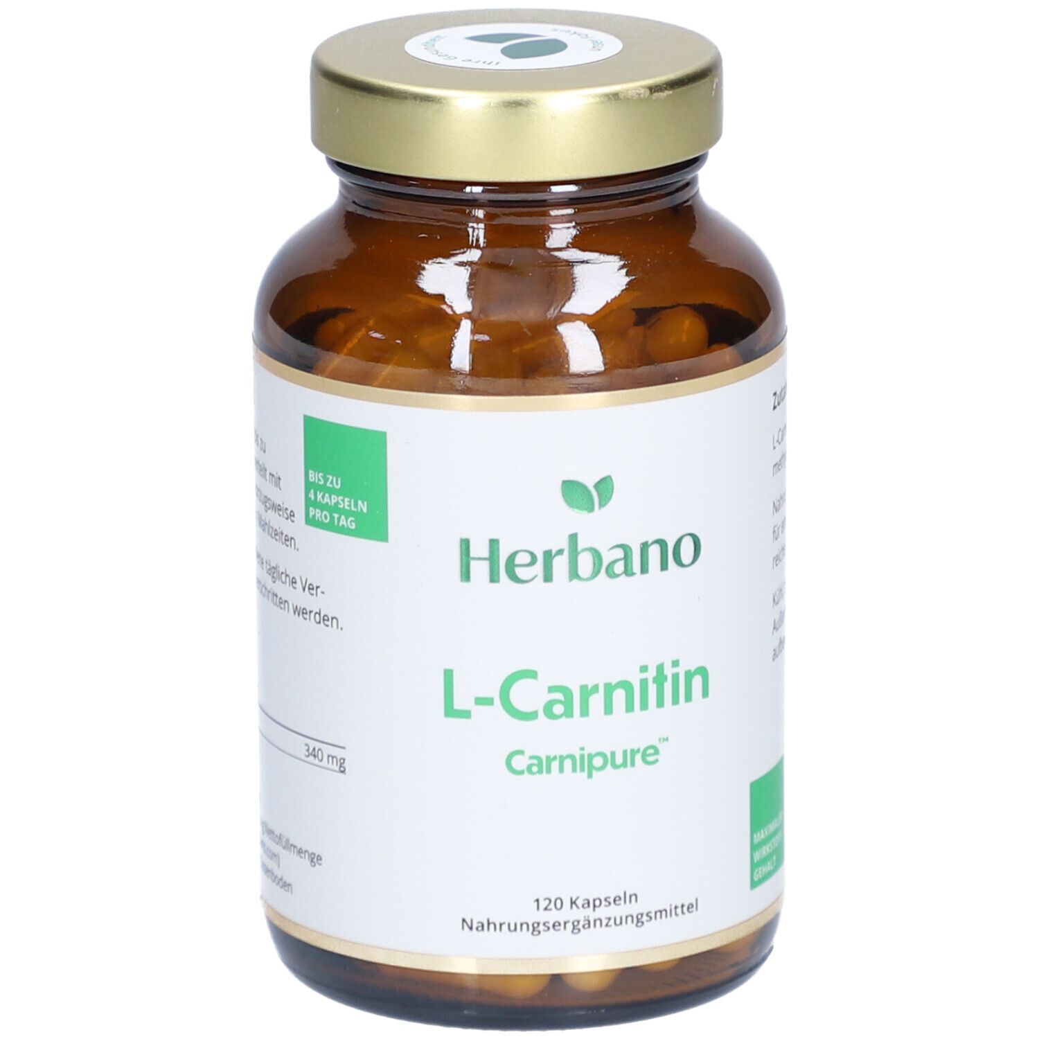 Braune Glasflasche mit goldfarbenem Deckel. Etikett mit "Herbano L-Carnitin Carnipure". 120 Kapseln. Nahrungsergänzungsmittel.