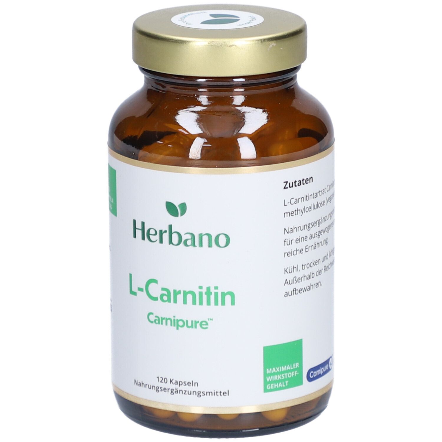 Braune Glasflasche mit goldfarbenem Deckel. Etikett mit "Herbano L-Carnitin Carnipure". 120 Kapseln. Nahrungsergänzungsmittel.