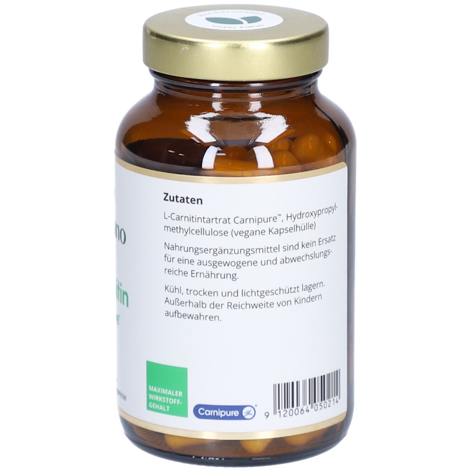 Rückseite der braunen Glasflasche. Etikett mit Inhaltsstoffen und Barcode. "Herbano L-Carnitin Carnipure".