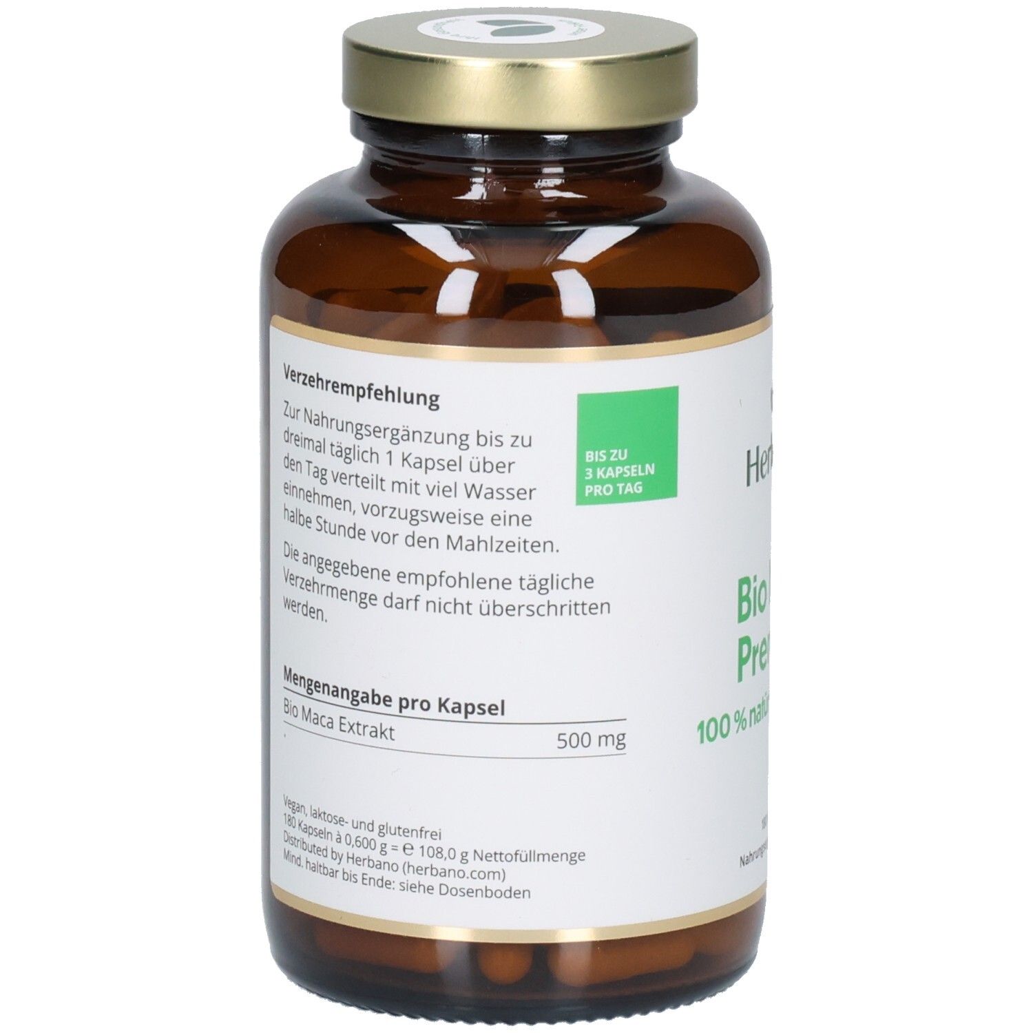 Braune Glasflasche mit Etikett. Text: Verzehrempfehlung, Mengenangabe pro Kapsel: 500 mg Bio Maca Extrakt. Vegan.