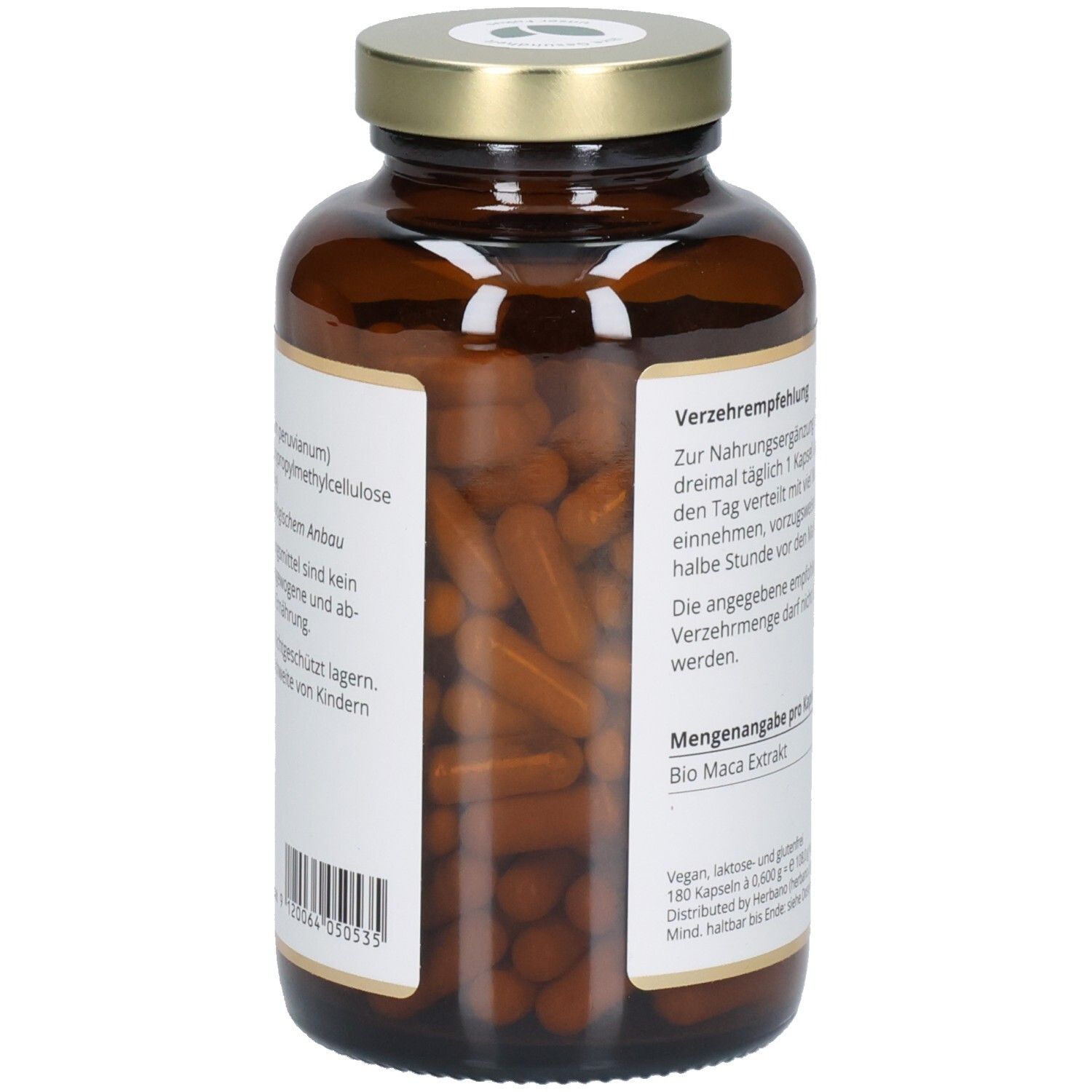 Braune Glasflasche mit goldfarbenem Deckel. Sichtbar sind braune Kapseln. Etikett mit Text.