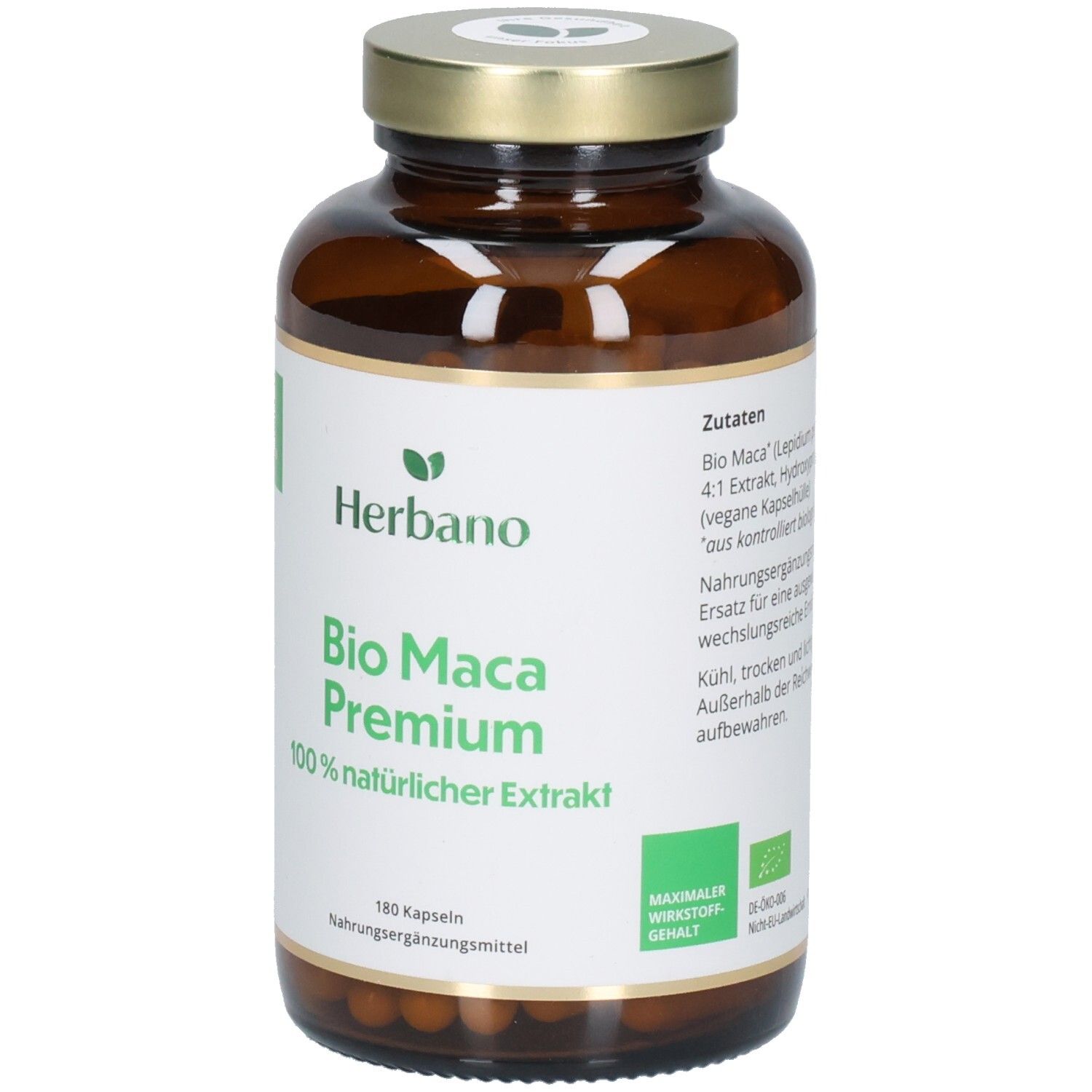 Braune Glasflasche mit goldfarbenem Deckel. Etikett mit "Herbano Bio Maca Premium". Enthält 180 Kapseln. Bio-Siegel.