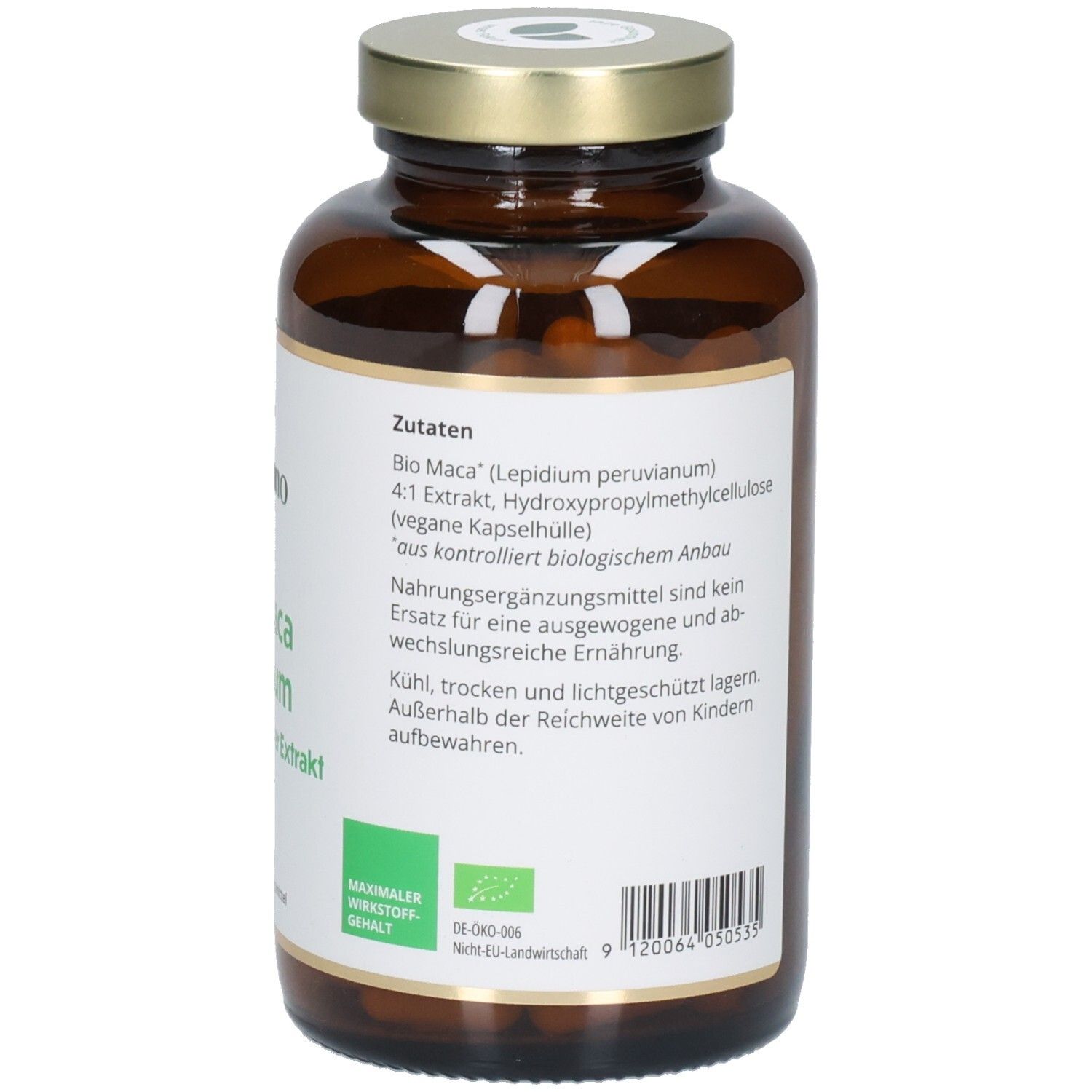 Braune Glasflasche mit Etikett. Text: Zutaten, Bio Maca Extrakt, vegane Kapselhülle. Bio-Siegel.