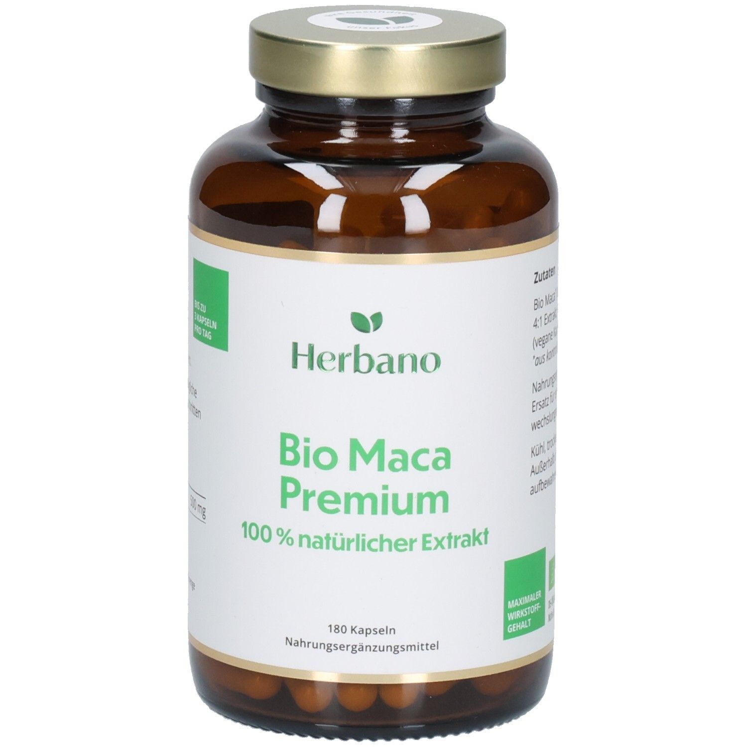 Braune Glasflasche mit goldfarbenem Deckel. Etikett mit "Herbano Bio Maca Premium". Enthält 180 Kapseln.