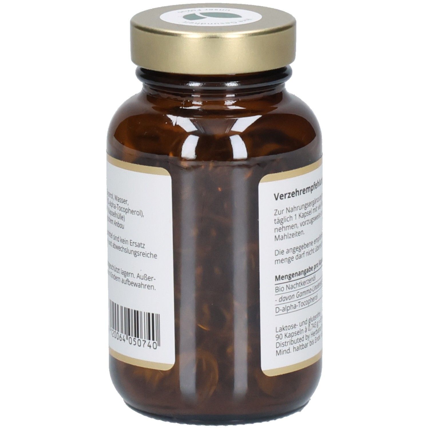 Braune Glasflasche mit goldfarbenem Deckel. Etikett mit Barcode und Inhaltsangaben. 90 Kapseln.