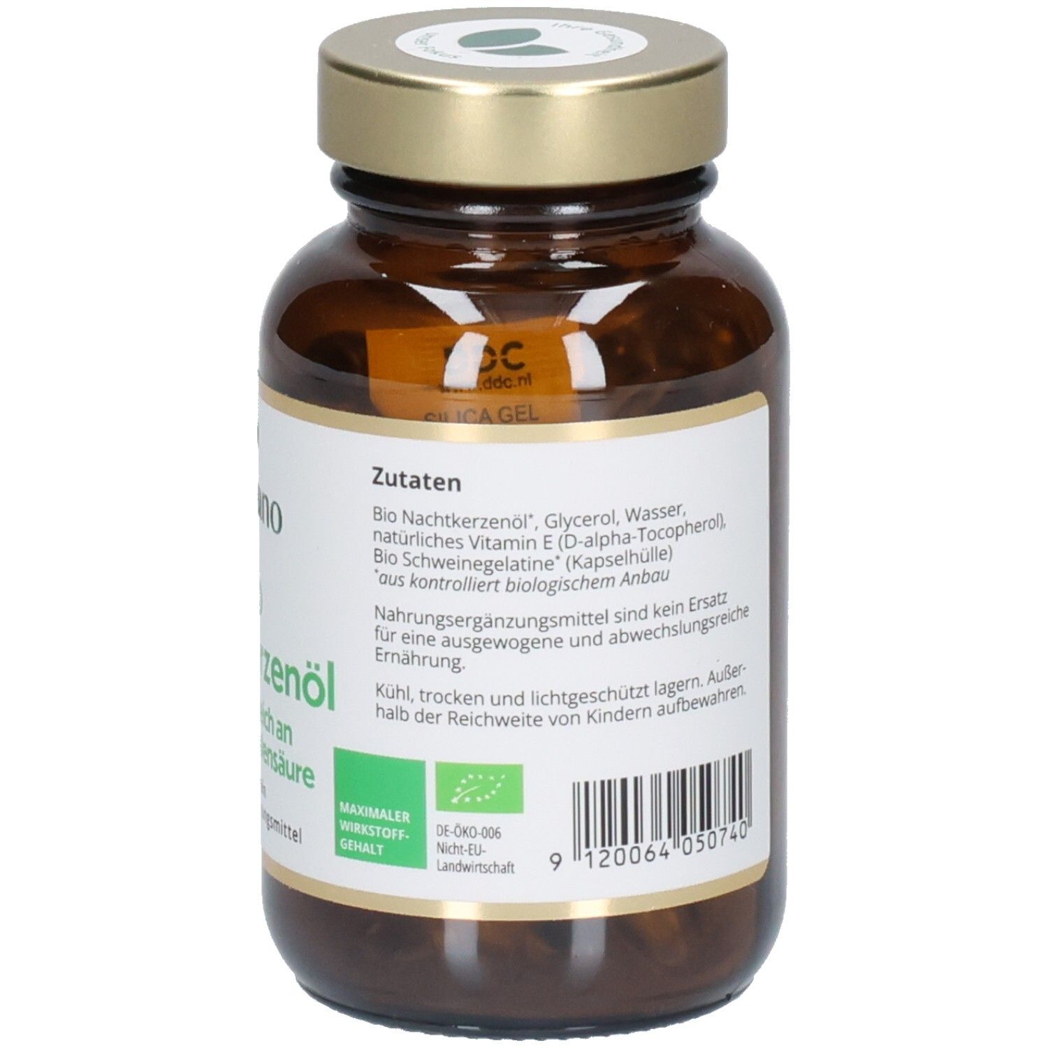 Braune Glasflasche mit goldfarbenem Deckel. Etikett mit Inhaltsstoffen und Bio-Siegel. 90 Kapseln.