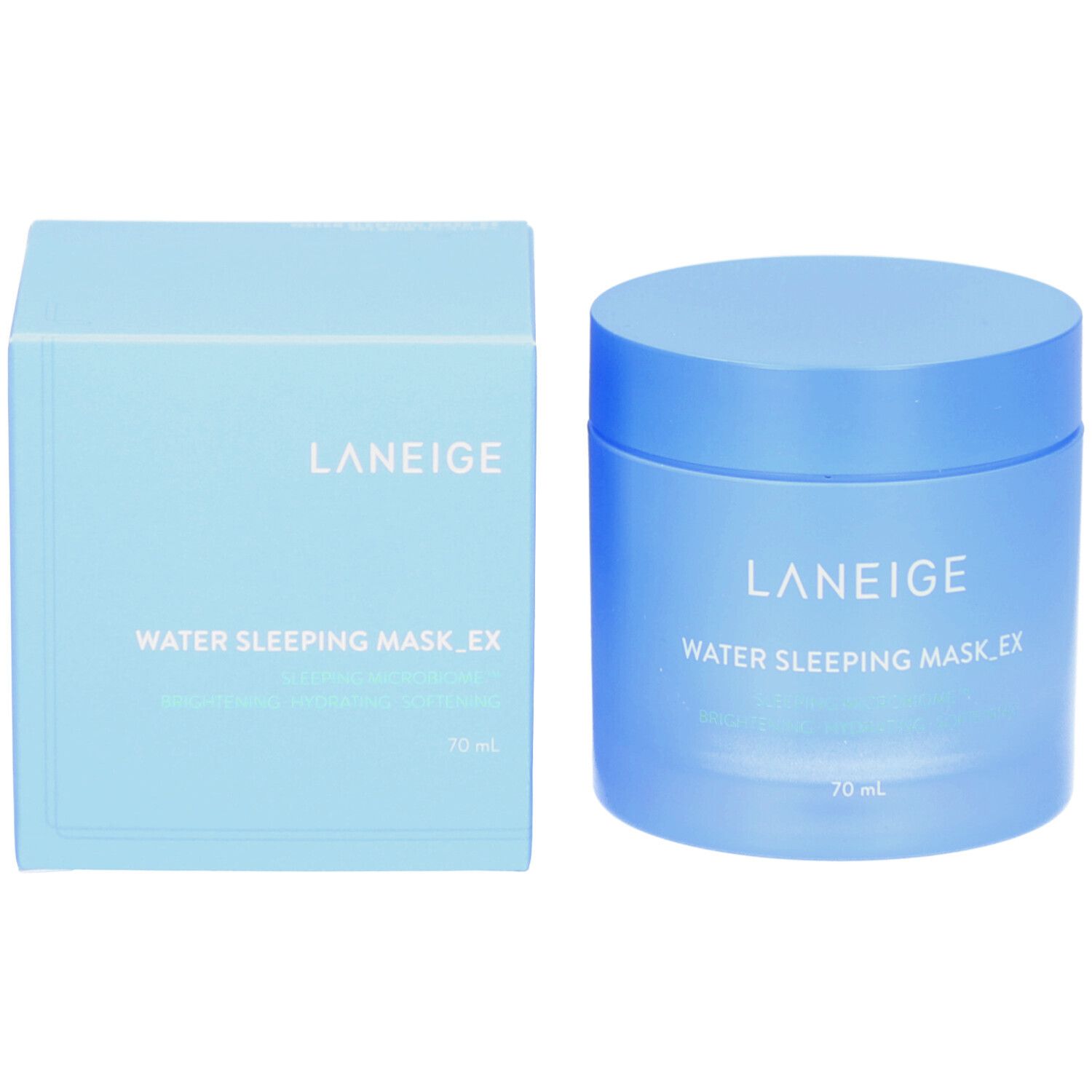 Pot bleu et boîte. Inscription LANEIGE, Water Sleeping Mask_EX. Produit de soin de la peau.