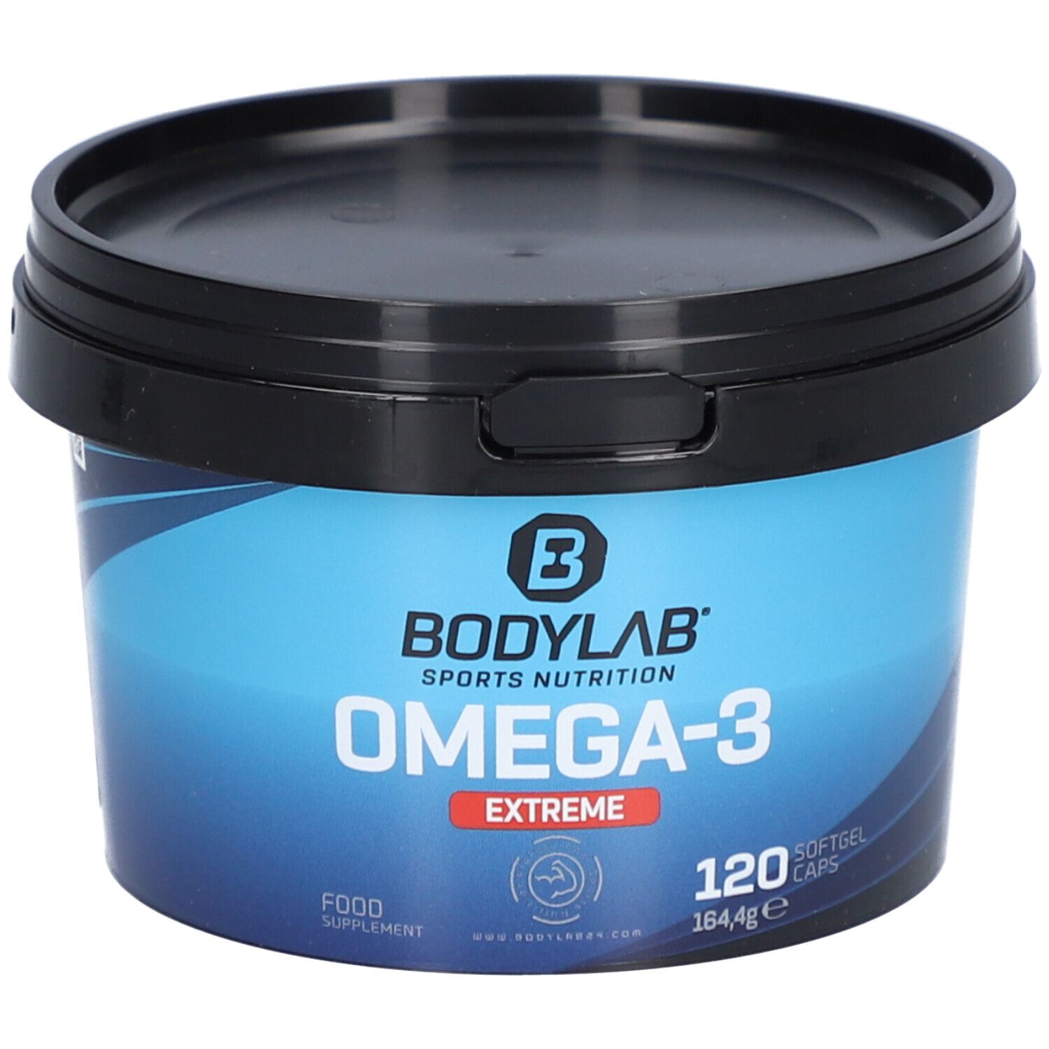 Boîte bleue avec couvercle noir. Inscription : Bodylab, Omega-3 Extreme, 120 gélules. Complément alimentaire.
