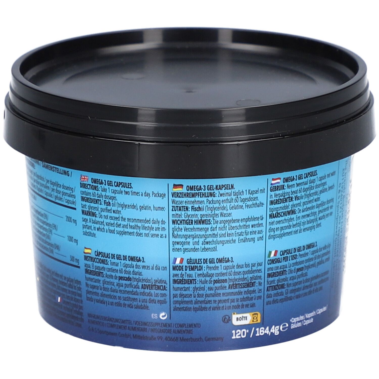 Dos de la boîte bleue avec couvercle noir. Texte multilingue, dont allemand. Ingrédients et instructions d'utilisation.