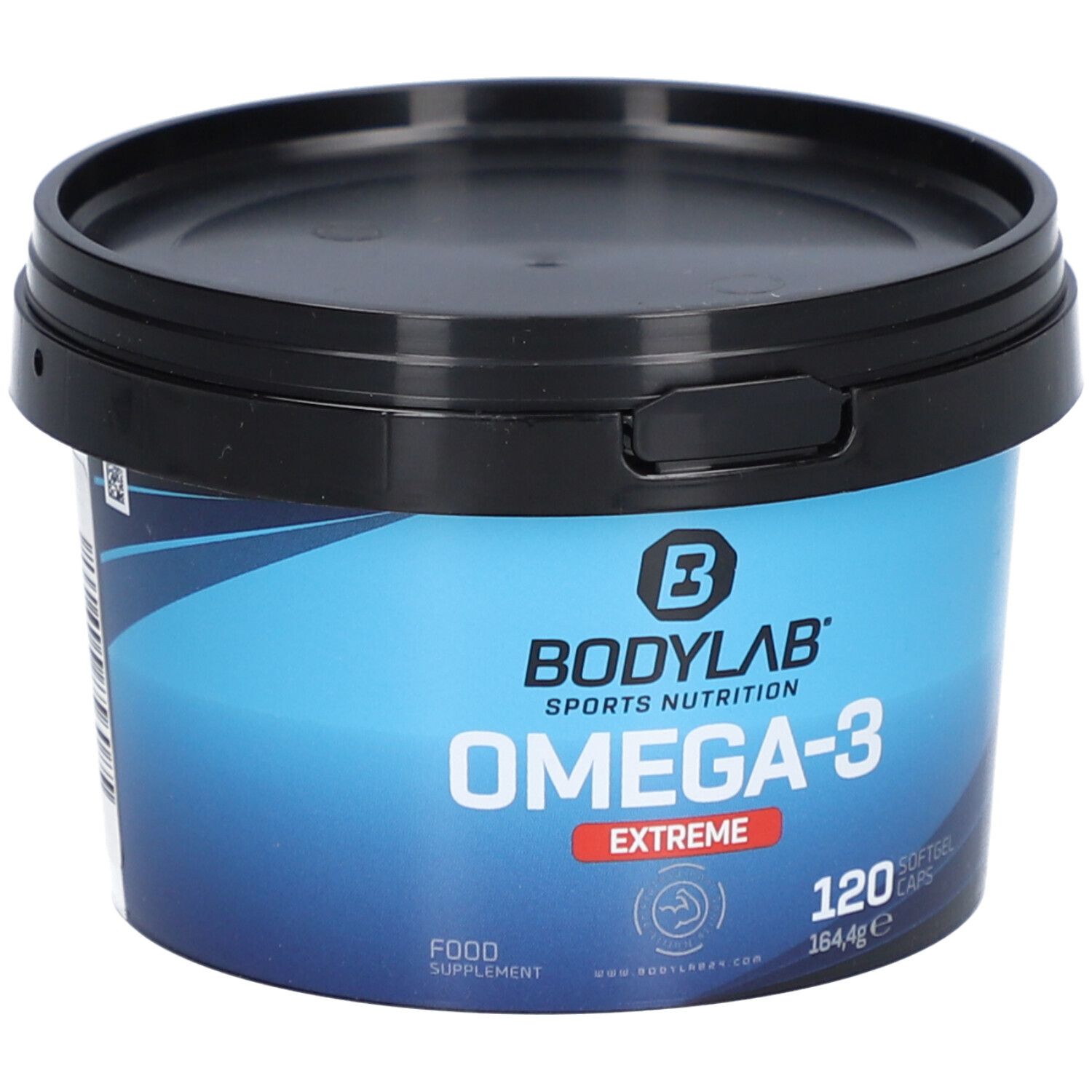 Boîte bleue avec couvercle noir. Inscription : Bodylab, Omega-3 Extreme, 120 gélules. Complément alimentaire.