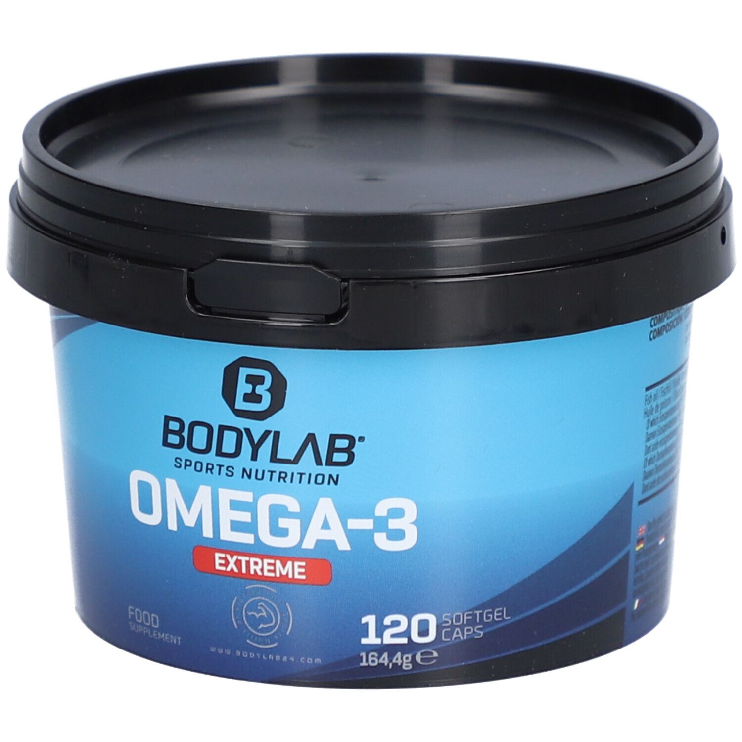 Boîte bleue avec couvercle noir. Inscription : Bodylab, Omega-3 Extreme, 120 gélules. Complément alimentaire.